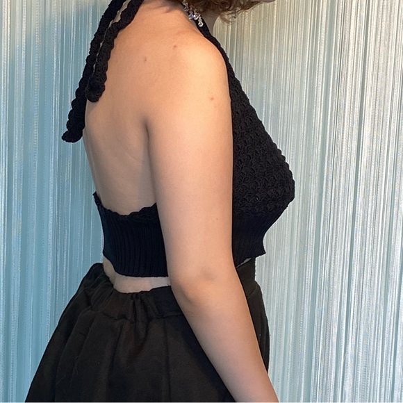 Black Crochet Knit Cropped Halter Top - Picture 12 of 16